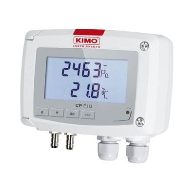 KIMO CP211-HO-R differenstryktransmitter viser 246.3 Pa og 21.8 °C på dobbelt displayet med grå knapper under.