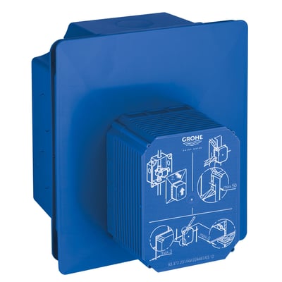 Grohe Rapido U indbygningskasse i blå plast, frontvisning med installationsvejledning.