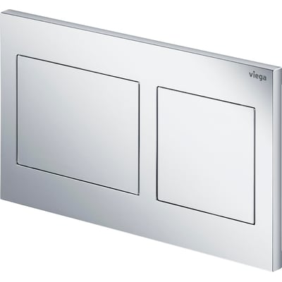 Viega WC-betjeningsplade Visign for Style 21 i krom, med dobbelt skyl og Viega logo på fronten, 220mm bred.