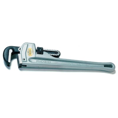 Sideprofil af Ridgid 18" aluminiumsrørtang, der viser kæber, justeringsmekanisme og mærket 'Ridgid Aluminium HD'.