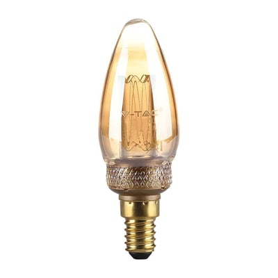 V-TAC 2W LED E14 kultrådspære med amber glas og messingfatning, vist isoleret mod hvid baggrund.