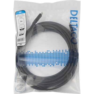 Deltaco aktivt USB-C til USB-C kabel på 5 meter, viser produktet i original emballage med tydelige mærkater.