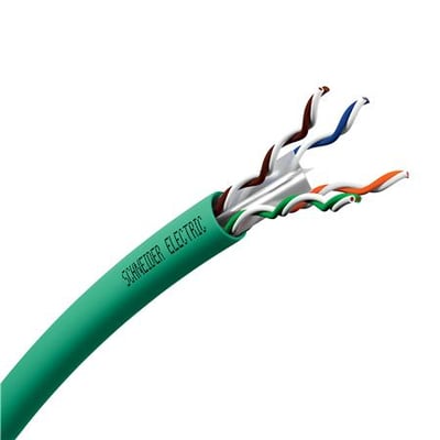 Schneider Electric Actassi Cat. 6 U/UTP kabel med grøn LSZH kappe, 500M CCA, vist med afisoleret ende der viser snoede par.