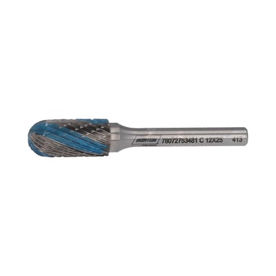 Norton X-Treme hårdmetalfræser til afgratning med blåt, afrundet skærehoved og lige skaft, type C, 12 × 25 mm.