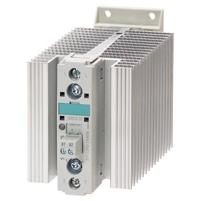 Siemens solid-state kontaktor 3RF2340-1BA22 med 40A kapacitet og 24-230V/110-230VAC spændingsområde, vist forfra med køleplade.