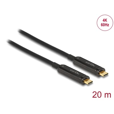 DeLock Active Optical USB-C videokabel på 20 meter, sort med guldbelagte stik, understøtter 4K 60Hz.