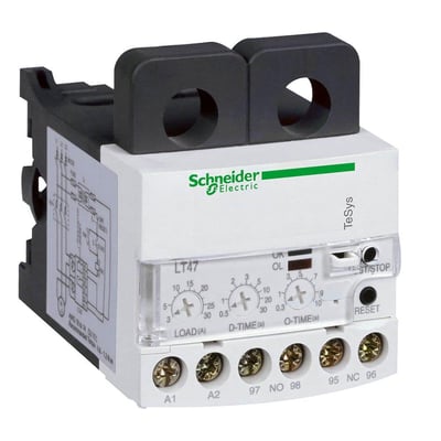 Schneider Electric TeSys LR47 termorelæ med 0,5-6A mærkestrøm og 110VAC forsyning, vist på hvid baggrund med justeringsknapper.