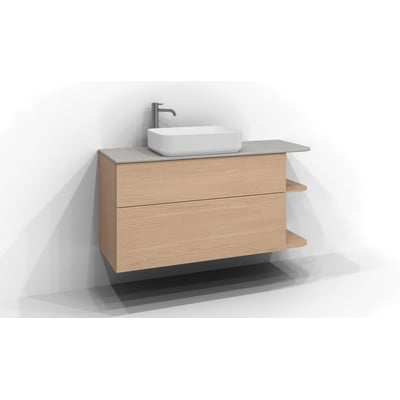 Svedbergs Poem Soft underskab i eg med to skuffer og åbne sidehylder, vist med bordplade, håndvask og armatur.