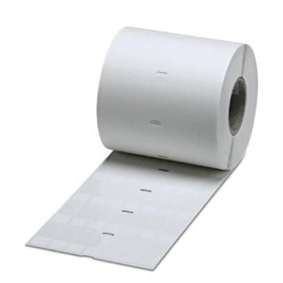 Nærbillede af Phoenix Contact WML 6 (13X13)R etiketter på rulle, viser den hvide polyvinyl-materiale og 13x13mm skriftfelt.