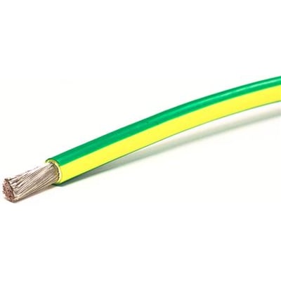 Texiline HF90 monteringsledning med gul/grøn isolering og en kerne af fortinnet kobbertråd på hvid baggrund.