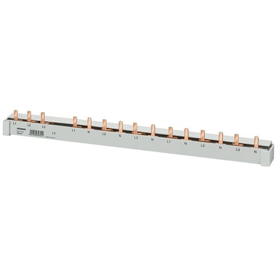 Siemens 4-faset PIN samleskinne, 16mm² 2PH, L214MM. Viser kobberstifter og fase-/neutralmarkeringer på hvid baggrund.