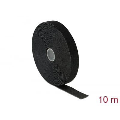 DeLock velcrobånd på rulle, sort, 10 meter langt og 20 mm bredt, ideelt til kabelbundtning og fastgørelse.