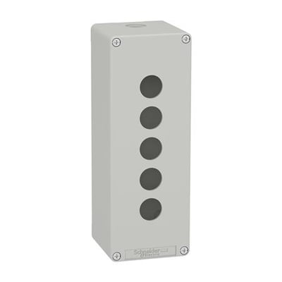 Schneider Electric Harmony XAP trykknapkasse i grå metal med 5 huller til 22mm trykknapper, model XAPD4505.