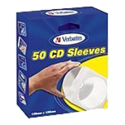 Verbatim papirlomme til CD- og DVD-skiver vises på blå og gul emballage med illustration af en skive.