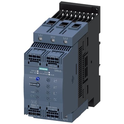Siemens SIRIUS softstarter S3, 106A, 55 kW, med fjederterminaler og et detaljeret kontrolpanel med knapper og indikatorer.