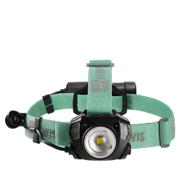 Elwis Explorer H1000R pandelampe med mintgrønt bånd og sort hus. Lampen har en kraftig LED-lyskilde foran og et mærkelogo på pandebåndet.