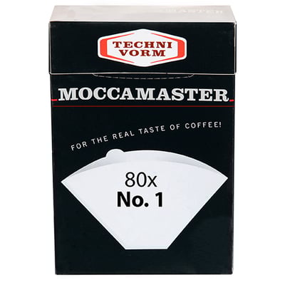 Moccamaster kaffefilter, størrelse 1, hvid. Pakken indeholder 80 stk. kaffefiltre, der er iltbleget og miljøvenlige.