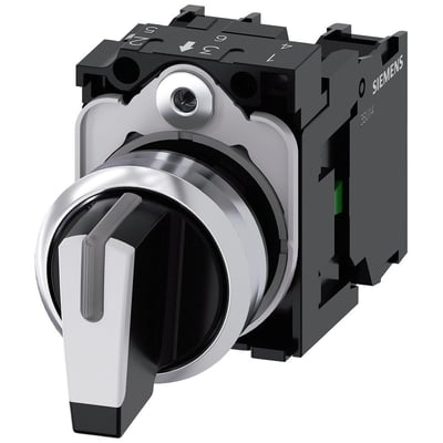 Siemens vælgerkontakt i metal med rund, højglans hvid betjeningsknap og 22mm diameter, viser 1 NO kontakt.
