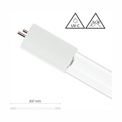 SpectrumLED TUV UVC-lysstofrør på 15 W med T8-fatning, vist skråt med UV-C-symboler og målangivelse på 437 mm.