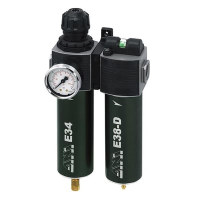 FLAIR E32A partikelfilter med manometer og integreret reduktionsventil i grøn og sort. 1/2" gevindstørrelse, med forfilter.