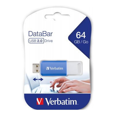 Verbatim DataBar USB 2.0 flash drive med 64 GB lagerkapacitet i blå, vist i sin emballage.