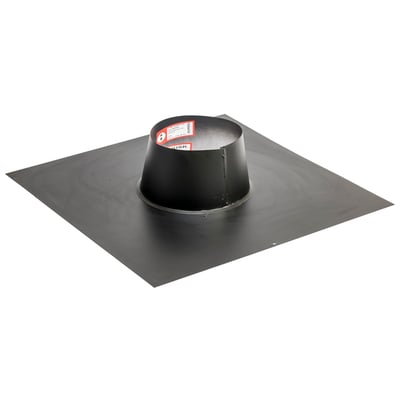 Metalbestos skorstensinddækning i sort aluminium med 250mm indvendig diameter til 0-5 graders taghældning, vist på hvid baggrund.