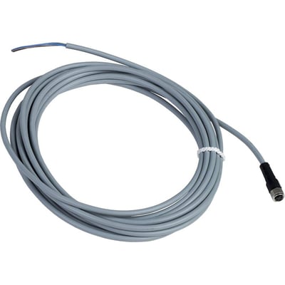 Schneider Electric gråt PVC sensorkabel, 3-polet M8 hun lige stik, 5 meter langt, afbilledet spredt ud på en hvid baggrund.