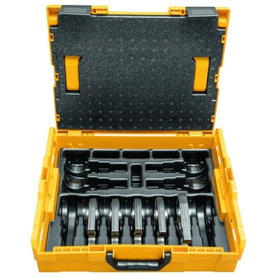 Rems pressbakke mini V-sæt i en gul L-Boxx med sorte indsatser, indeholdende 5 forskellige pressbakker til rørdimensioner 15-35 mm.