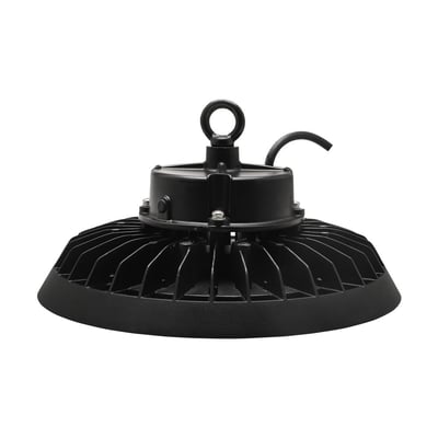 SpectrumLED PLATEO 4 LED high bay på 200 W med sort, rund køleprofil og ophængsøje, set bagfra.