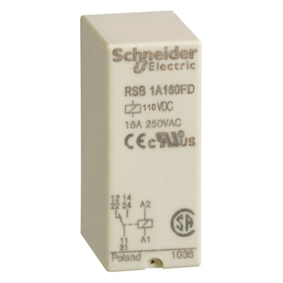 Schneider Electric stikbensrelæ RSB1A160FD, 110VDC, 16A 250VAC, med C/O-kontakt og CE-mærkning.