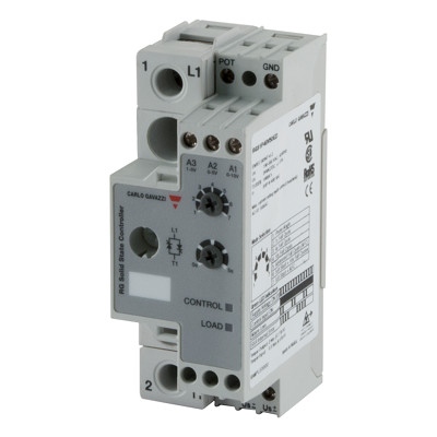 Carlo Gavazzi 1-polet analog-styret solid-state relæ med drejeknapper og tilslutningsklemmer, set skråt forfra.