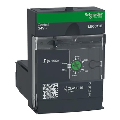 Schneider Electric strømmodul LUCC 12B med 24V kontrolspænding, viser justerbar strømindstilling fra 3.00A til 12.0A.