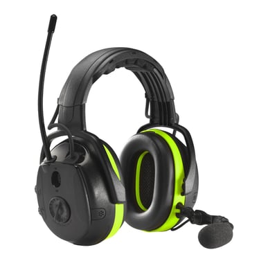 Hellberg Secure 2H Multi-Point høreværn set fra siden, med fokus på knapper og neon grønne detaljer for komfort og funktion.