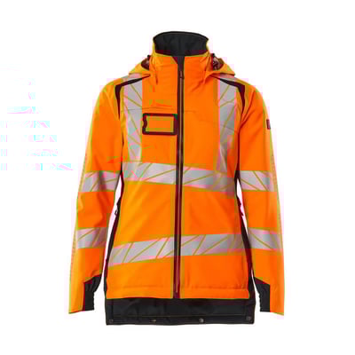 Mascot vinterjakke 19045 i Hi-Vis orange og mørk marineblå med reflekser og aftagelig hætte, str. 4XL.