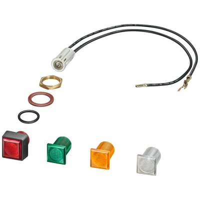 Siemens signallys med 240VAC/DC, viser komponenterne separat: rød, grøn, gul og klar linse, samt fatning og monteringsdele.