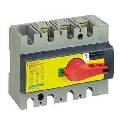 Schneider Electric Compact INS160 lastafbryder, 3-polet, 160A med gul mærkat og rød drejeafbryder, vist forfra.