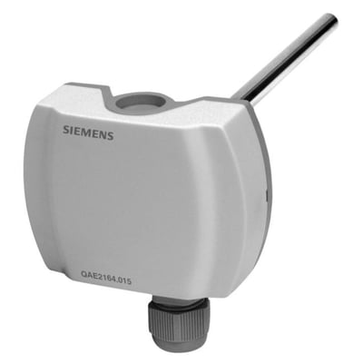 Siemens QAE2174.010 temperaturføler med 4-20mA signal og 0.1m indstikslængde, vist på hvid baggrund.