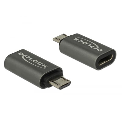 Delock adapter, grå, med USB 2.0 Micro-B hanstik til USB Type-C 2.0 hunport. Viser begge sider af adapteren.