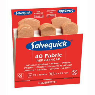 Rød Salvequick-dispenseræske med beige tekstilplastre, 6 æsker med 40 plastre i hver.