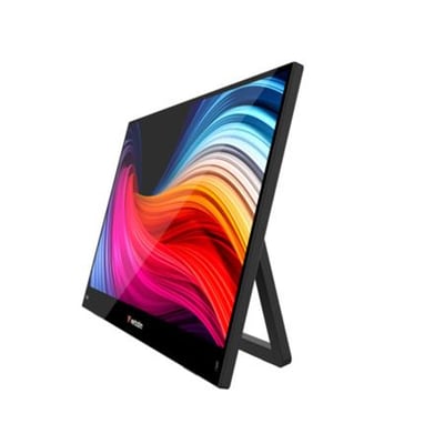Verbatim LIGHT Series 14" FHD touchskærm på sort stativ med et farverigt abstrakt mønster på skærmen.