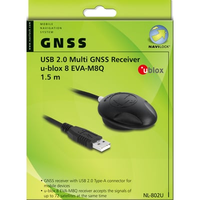 Emballagen viser DeLock Navilock EVA-M8Q USB-GNSS-modtager med sort modtager, kabel og USB-stik.
