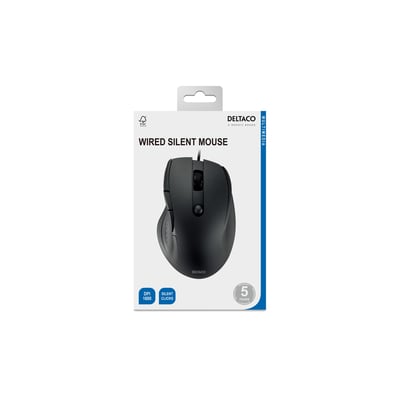 Deltaco Wired Silent Office mus i sort emballage, fremhæver 1600 DPI og 5 års garanti.