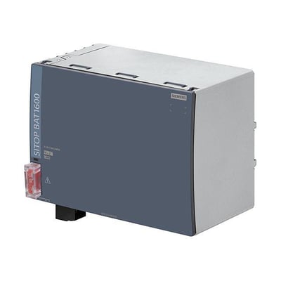 Siemens SITOP BAT1600 lithiumbatteri, 24 V DC, 7.5 Ah, LiFePO4 teknologi, set fra venstre med et stik og advarselssymbol.