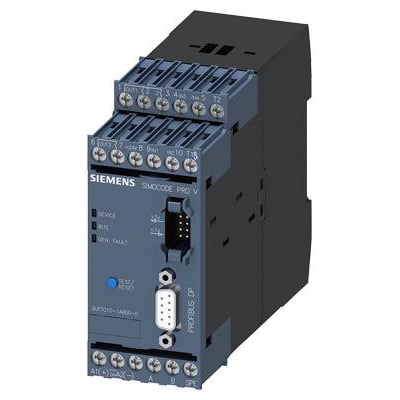 Siemens SIMOCODE pro V-basenhed med PROFIBUS DP og 24 V DC, set skråt forfra med terminaler og stik.