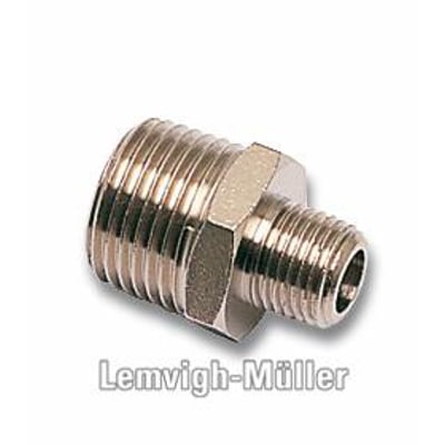 Parker Legris brystnippel KRG 0900 med udv. R1/8 BSPT gevind, fremstillet af nikkelbelagt messing.