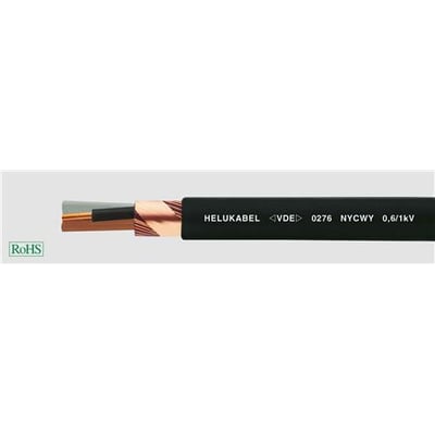 Sort kabel NYCY med kobberledere og isolering, mærket HELUKABEL 0276 NYCWY 0,6/1kV, med RoHS-mærke.