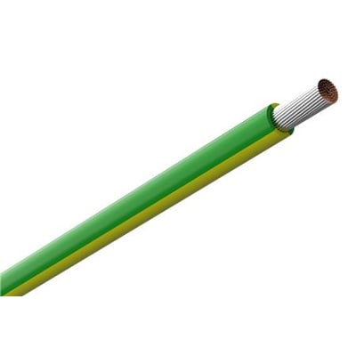 Amokabel TEXILine HF90 TW monteringsledning på 0,5 mm² i gul og grøn med de blottede ledertråde synlige.
