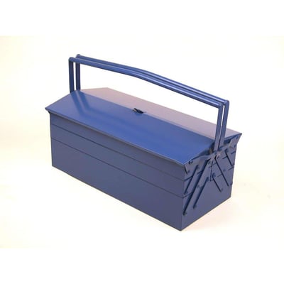 Blå stål værktøjskasse model 610, 500mm lang, med foldbare håndtag og flere rum, præsenteret på hvid baggrund.