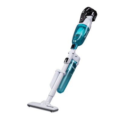 Sidevisning af Makita 18V kulfri støvsuger, fremhæver det gennemsigtige støvbeholder og ergonomiske håndtag.