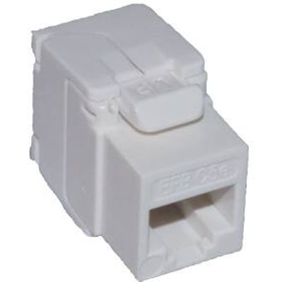 Hvid UTP Kat 5e Keystone konnektor med tool-less design, fremstillet af plast.